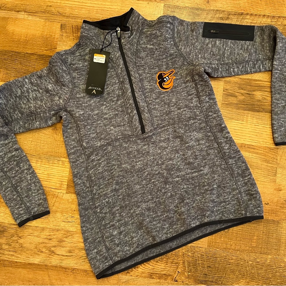 NEW Baltimore Women’s Orioles Antigua Heathered Black Half-Zip Sweater Medium